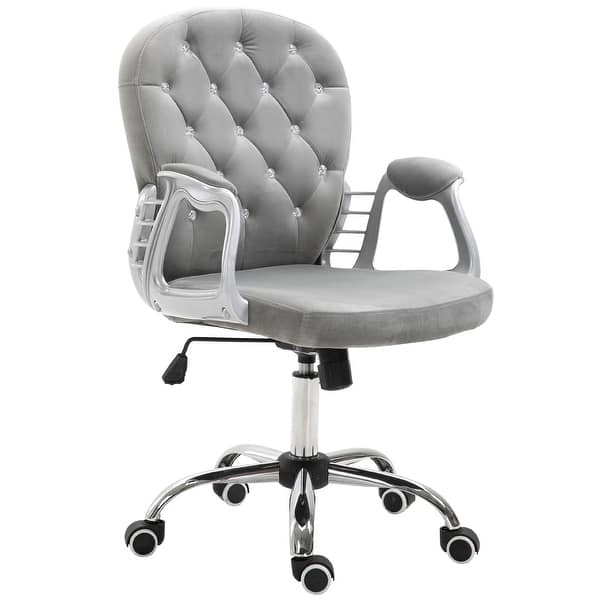 slide 2 of 9, Button Tufted Desk Chair, Velvet Vanity Chair with Back and Wheels, Swivel Rolling Chair with Adjustable Height - N/A Gray