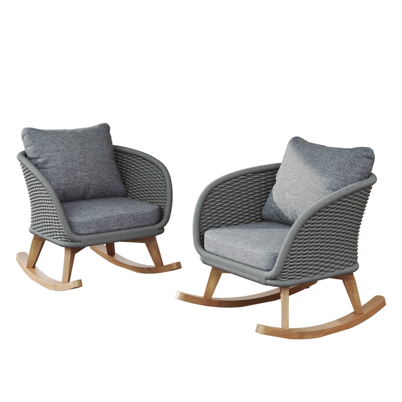 [Set of 2] 29.5" Contemporary Minimalist Beige Wicker Rocking Chair with Soft Polyester Cushions and Durable Wooden Frame