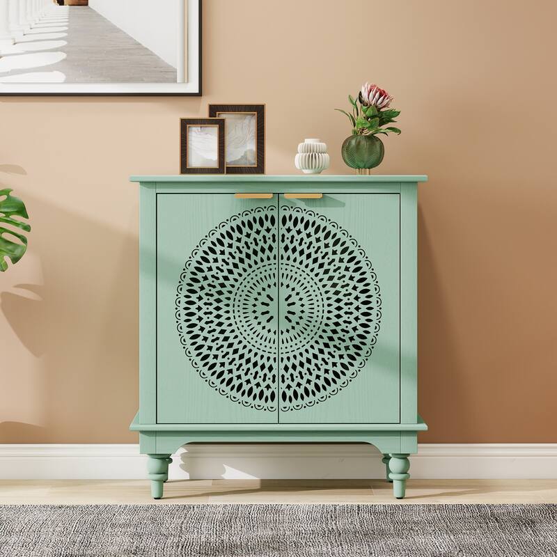 GDFStudio - Manchuria Crest American Style Hollow-Carved Storage Accent Cabinet with 2 Doors - Light Green