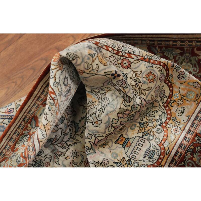 Hand Knotted Traditional Silk Beige Geometric Area Rug - 3' 1'' X 2' 0''