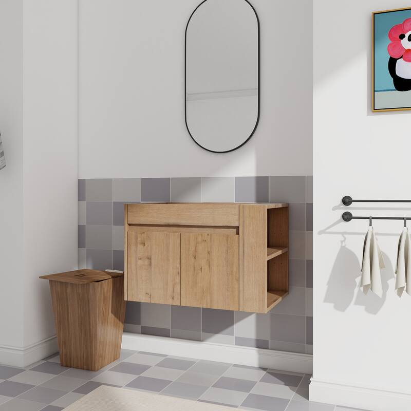 Compact Wall-Mounted Bathroom Vanity with Adjustable Open Shelf, 45° Inclined Handle Design - 29.13in L Plywood