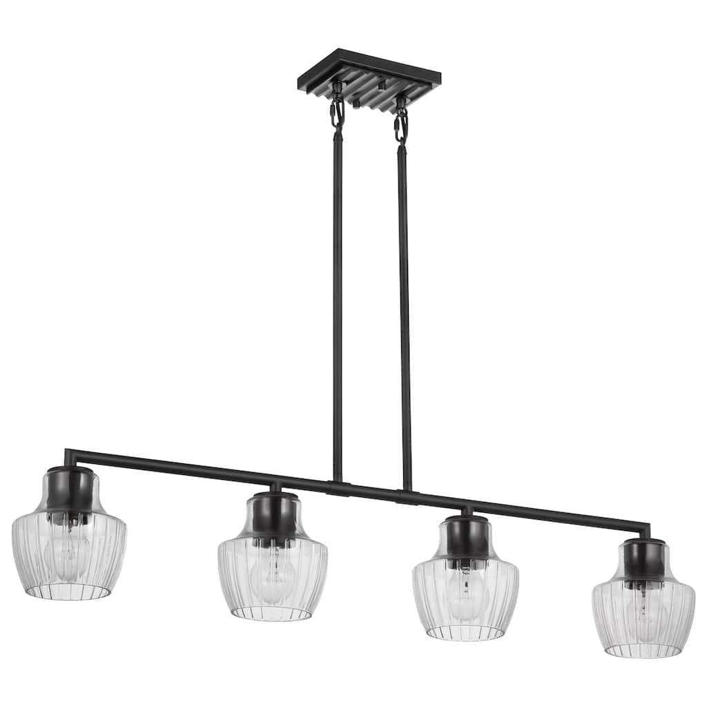 Destin 4 Light Island Pendant Medium Base 60 Watt Black And Silver Accent Finish Clear Ribbed Glass