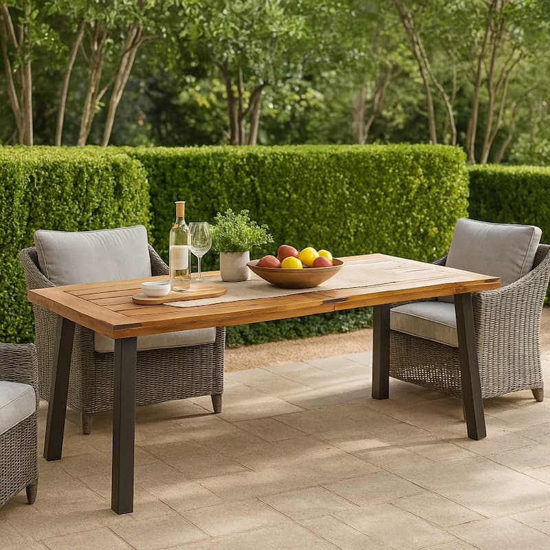 Kristi Outdoor Dining Table, 69 Inch Brown Wood Top and Slat Panel