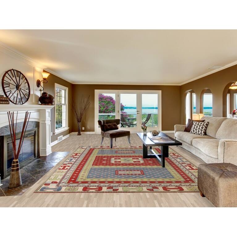 Light Green Kazak Oriental Area Rug Hand-Knotted Wool Carpet - 8'6"x 11'7"