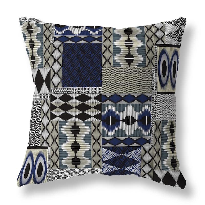 Grey And Blue Patched Perfection Indoor/Outdoor Throw Pillow Zipper