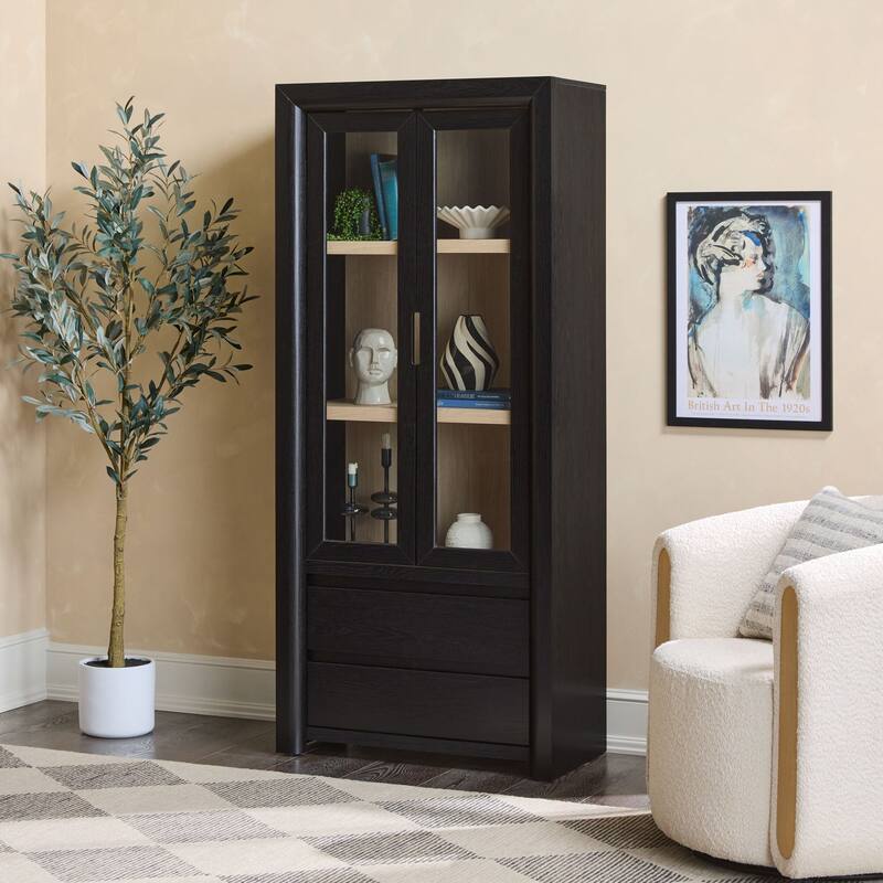 Walker Edison Modern Wood Bookshelf with Glass Doors and Drawer Storage