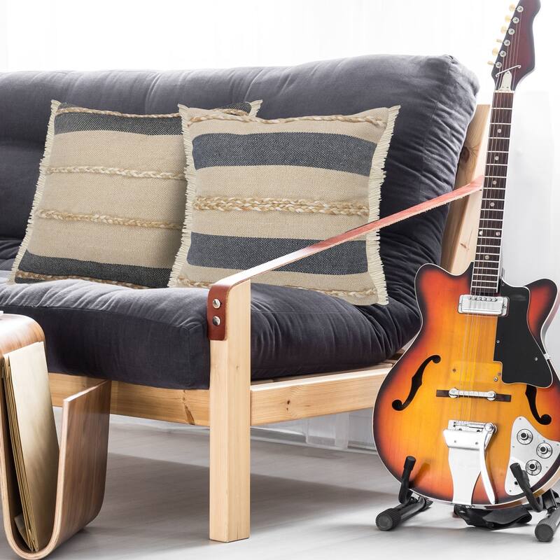 20" Blue and Tan Striped Square Throw Pillow with Jute Braiding