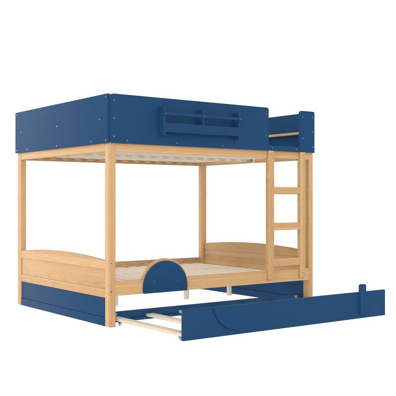 Queen Bunk Bed with Trundle, Wood Bunk Bed Frame with Built-in Bookshelf and High-quality Safety Guardrail