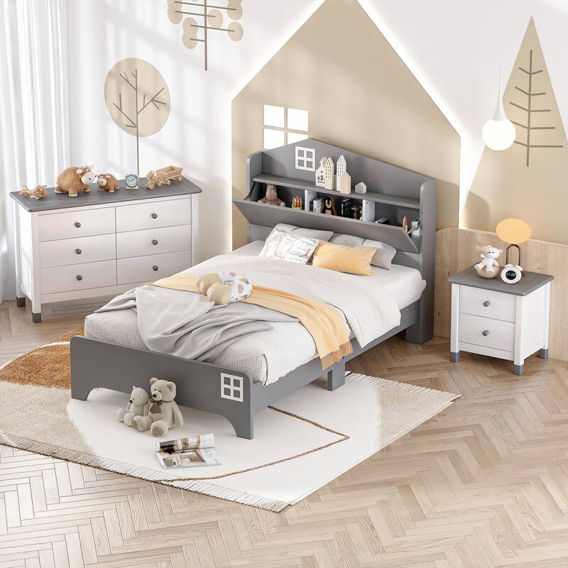 3-Pieces Bedroom Sets Twin Size House Bed with Storage Headboard, Wooden Nightstand and Storage Dresser,Gray - Gray