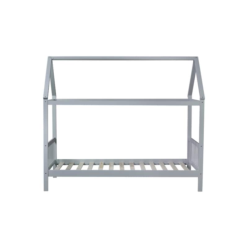 Twin House Bed with Headboard and Footboard, Twin Rubber Wood Bed with House Frame