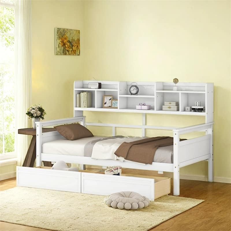 Twin size Daybed,Wood Slat Support,w/Bedside Shelves and Two Drawers
