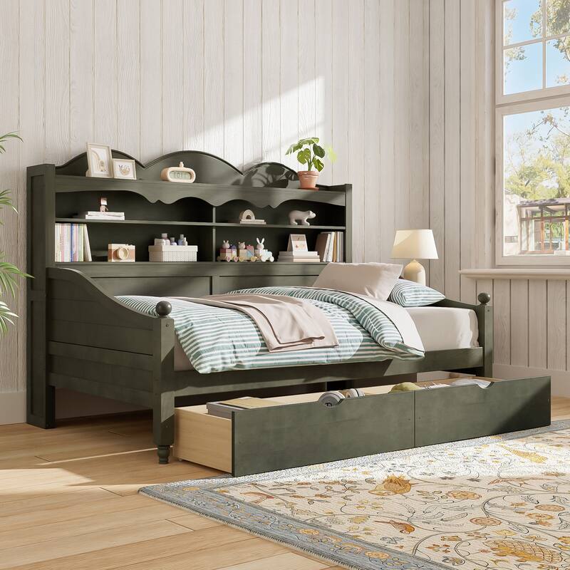 Twin Daybed with Storage Drawers and Headboard Shelving Wooden Frame