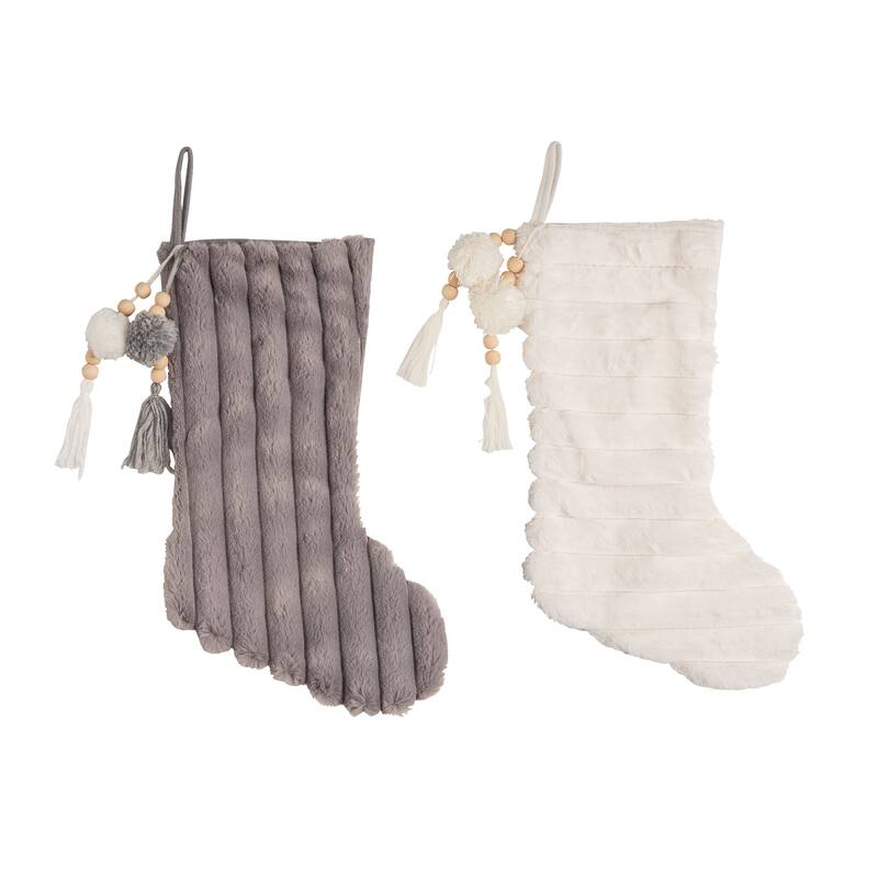 Transpac Fabric Textured Cozy Stocking w/Pom Pom Set of 2 Christmas Home Decorations