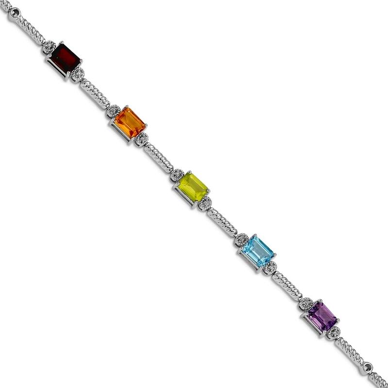 Curata 925 Sterling Silver 7.5" 5mm Emerald-cut Multi Gemstone and Diamond Cable Bracelet - Multigem - White
