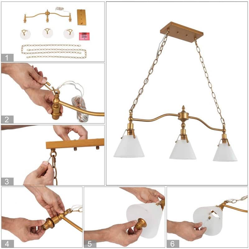 Modern 3-Light Glass Linear Chandeliers Antique Gold Islands Lights - L31.5" x W6" x H12"