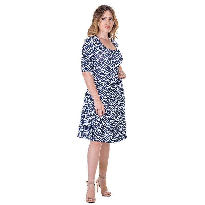 24seven Comfort Apparel Womens Navy Geometric Print Knee Length Elbow Sleeve Dress