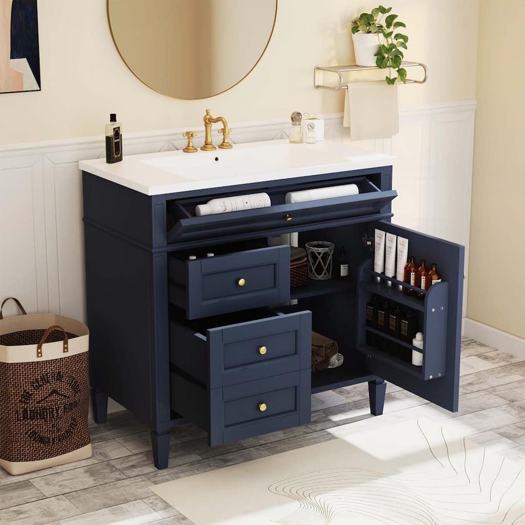 Modern Bathroom Storage Cabinet with 2 Drawers and a Tip-out Drawer,with Top Sink