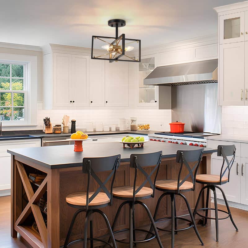 Modern Black Gold 3-Light Sputnik Semi-Flush Mount Ceiling Light Cage Starburst Chandeliers - 13"L x 10.5"H