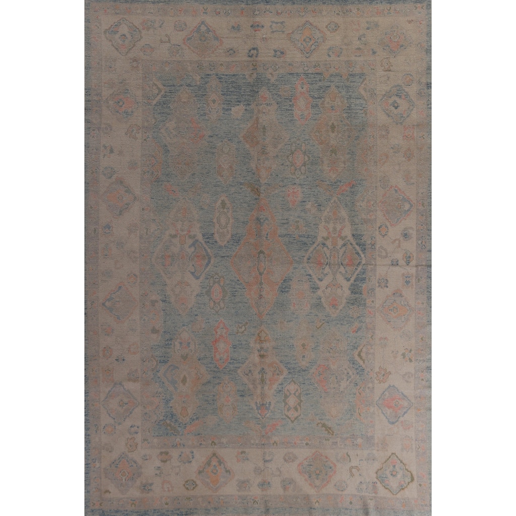 Hand Knotted Oriental 100% Wool Carpet Transitional Geometric Navy Blue & Blues Oushak Area Rug - 12' 3'' X 9' 0''