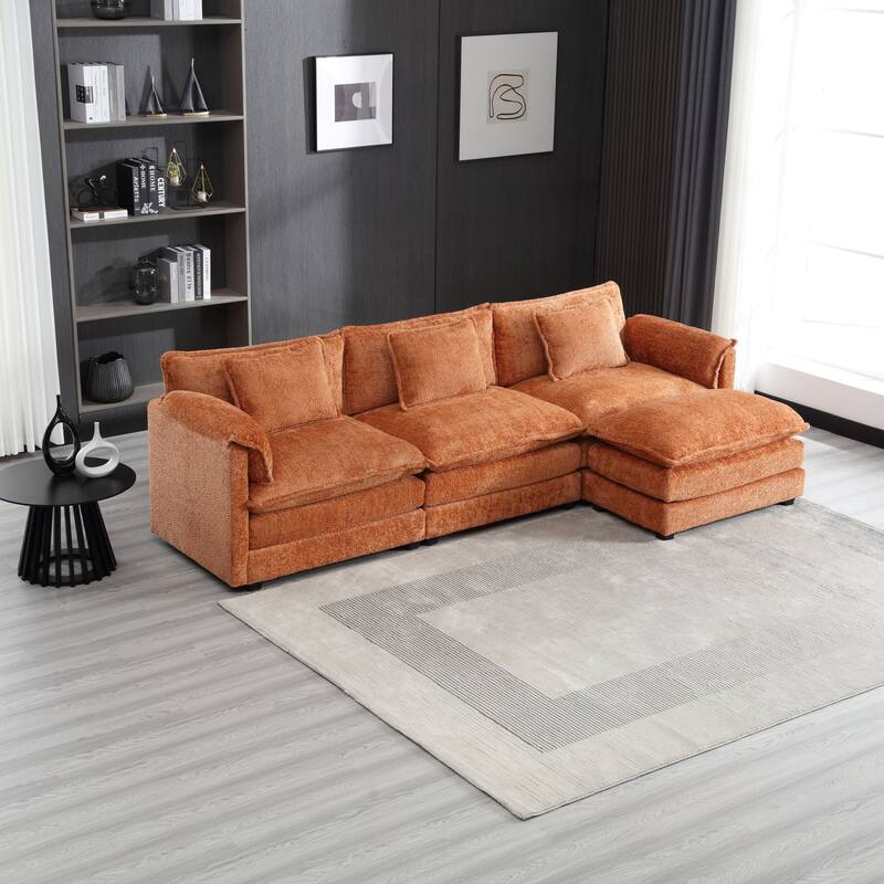 Modular L-Shaped Sectional Sofa, Chenille Fabric 3-Seater Sofa Couch with Chaise and Detachable Armrests for Living Room