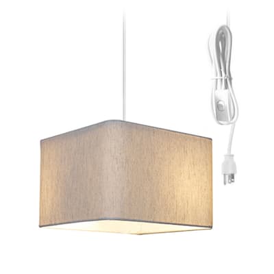 1 Light Swag Plug-In Pendant 14"w Rounded Corner Square Oatmeal Drum Shade, White Cord - N/A