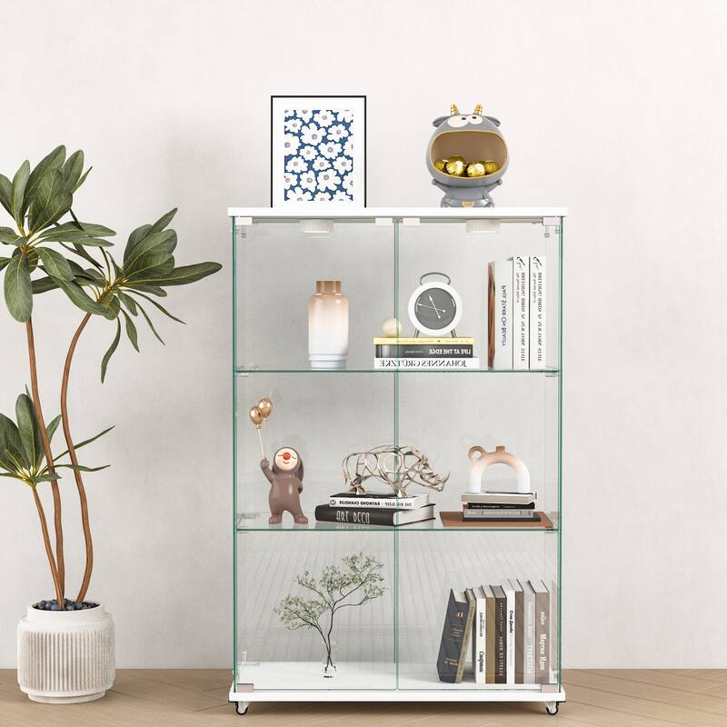 Modern Glass Display Cabinet with LED lights, Quick-assembly Antique Cabinet, Tempered Glass Bookshelf