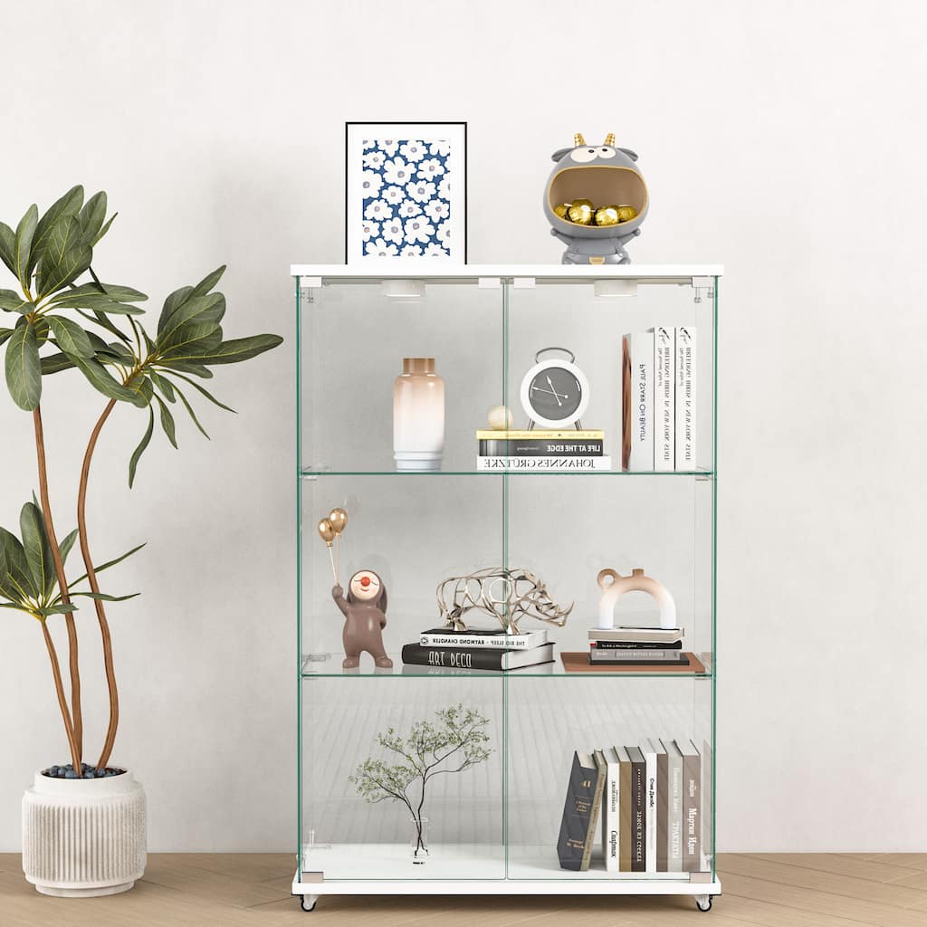 Modern Glass Display Cabinet with LED lights, Quick-assembly Antique Cabinet, Tempered Glass Bookshelf