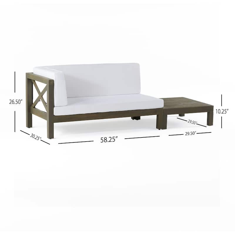 Brava Outdoor Acacia Wood Left Arm Loveseat and Coffee Table Set with Cushion by Christopher Knight Home