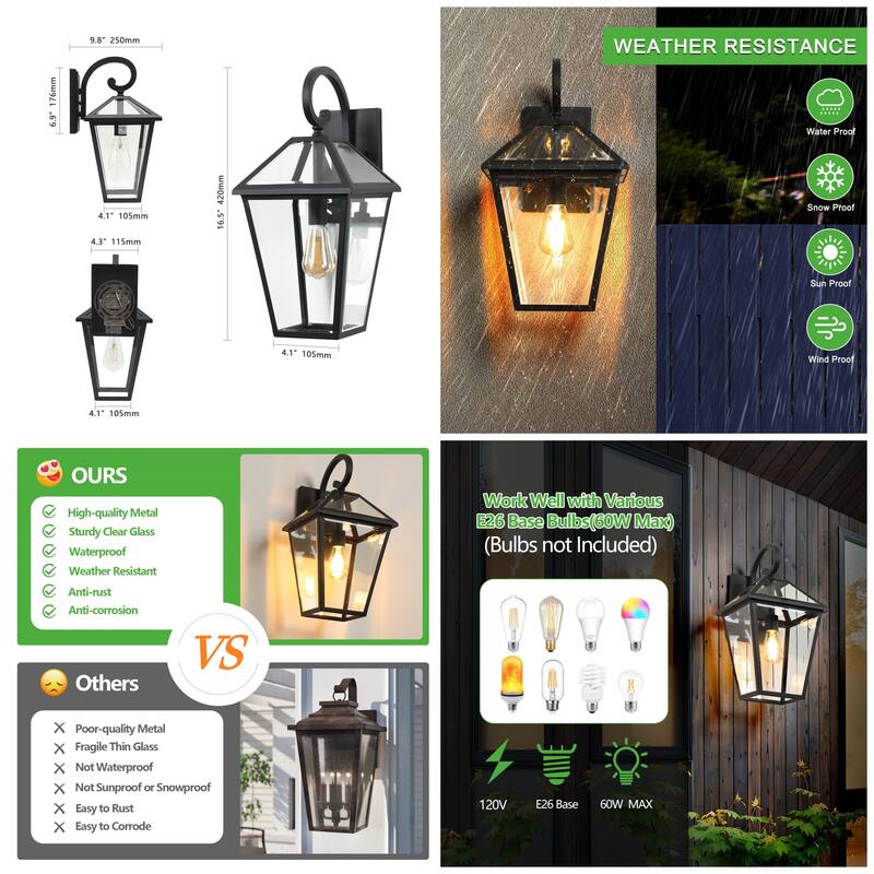10" 2-Pack Black Outdoor Wall Lanterns with Clear Glass Panels