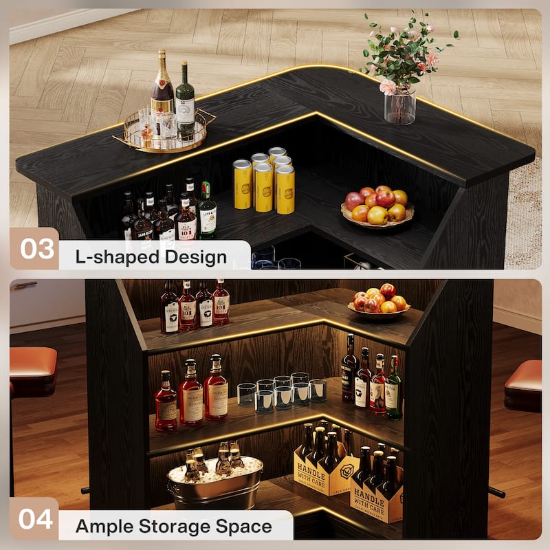 4-Tier L Shaped Bar Table, Home Bar Unit with Metal Footrest