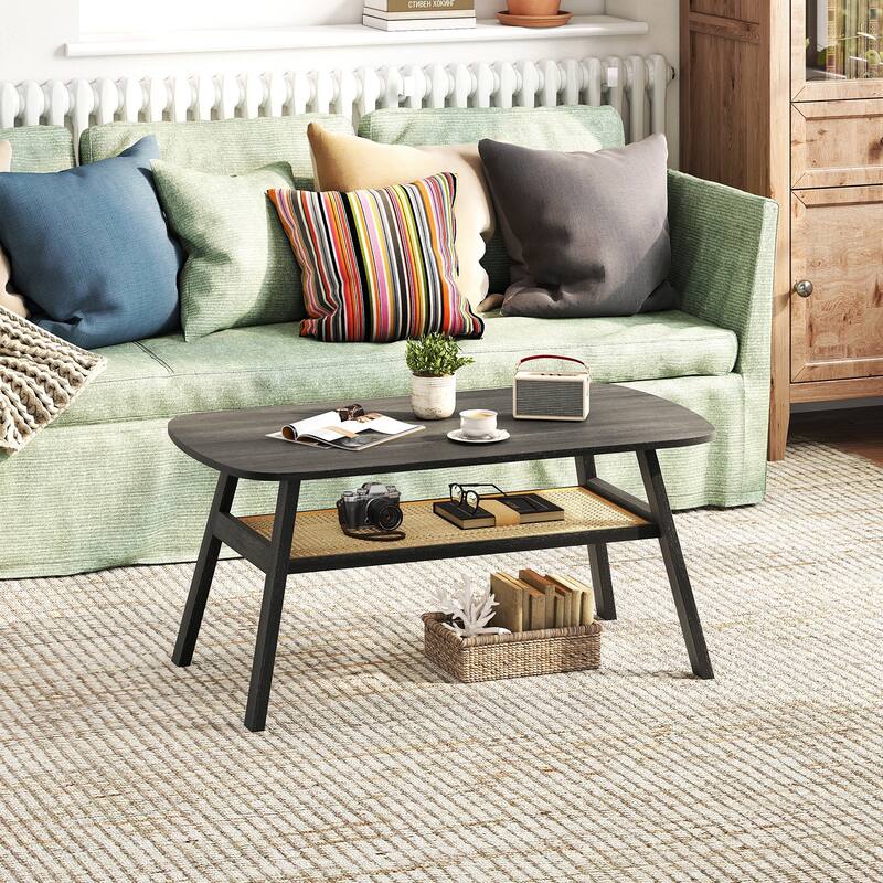 2-Tier Rectangular Center Coffee Table with Rattan Storage Shelf and Rubber Wood Legs-Dark Gray - Multi