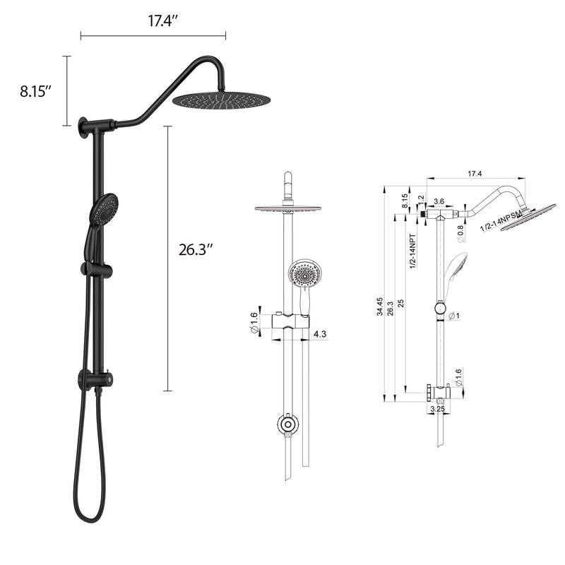 Topcraft Wall Mount 10-Inch Rain Showerhead with Multi-Function Handheld Showerhead