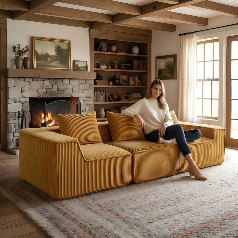 Modular Sectional Sofa with Pillows, Corduroy Upholstered 3-Seater Sofa, All-Compressed Foam Sofa for Living Room, Apartment