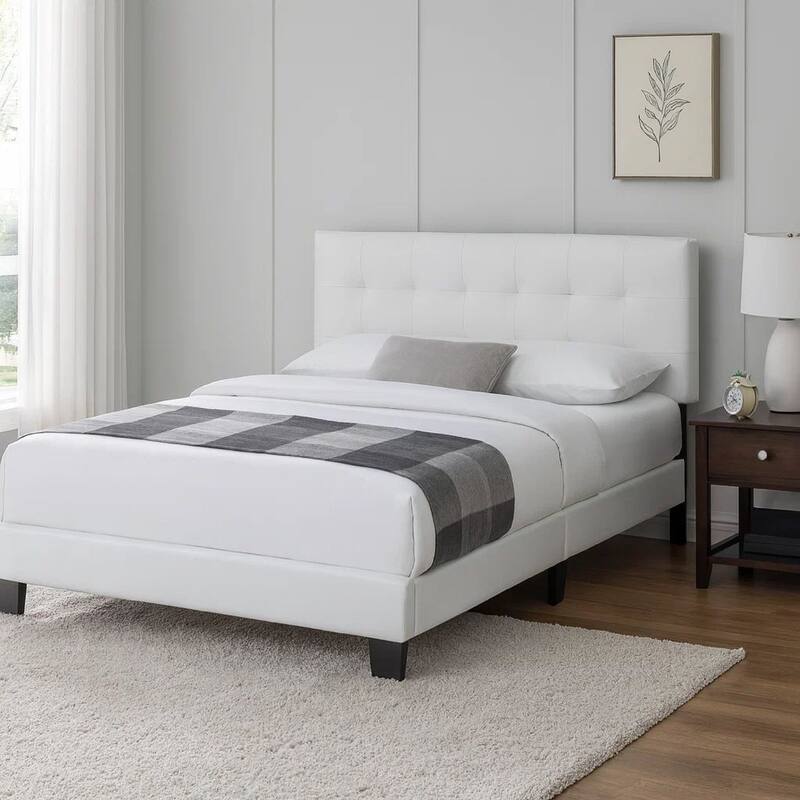 Full Leatherette Bed with Checkered Tufted Headboard, White
