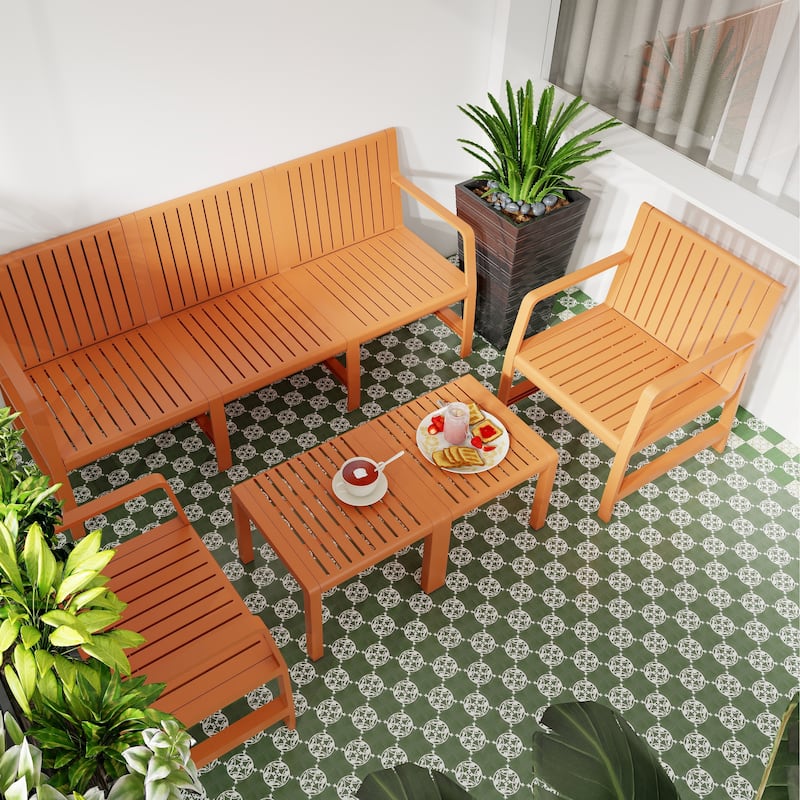 5-Piece Set - 3-Seater Sofa,2 Chairs & 2 Coffee Tables Waterproof PP Material- Easy Assembly Patio Conversation Set - Apricot Brown