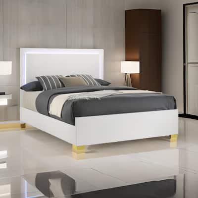 Dex Full Size Bed with LED Framed Headboard, White Wood Finish, Gold Legs