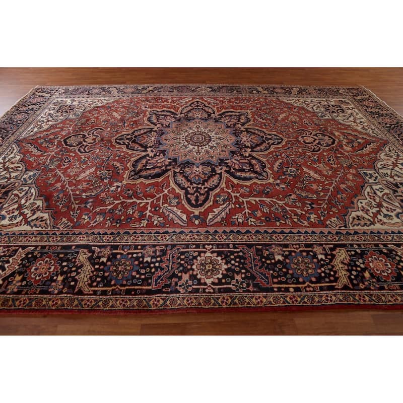 Vintage Vegetable Dye Persian Heriz Area Rug Hand-knotted Wool Carpet - 9'9" x 13'1"