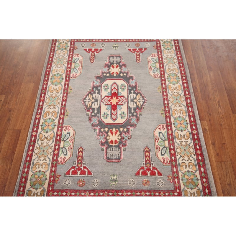 Gray Geometric Kazak Foyer Rug Handmade Wool Carpet - 3'4" x 4'10"