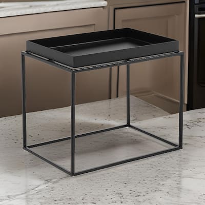 Bixy 24 Inch Side End Table, Black Tray Top, Open Cubic Metal Frame