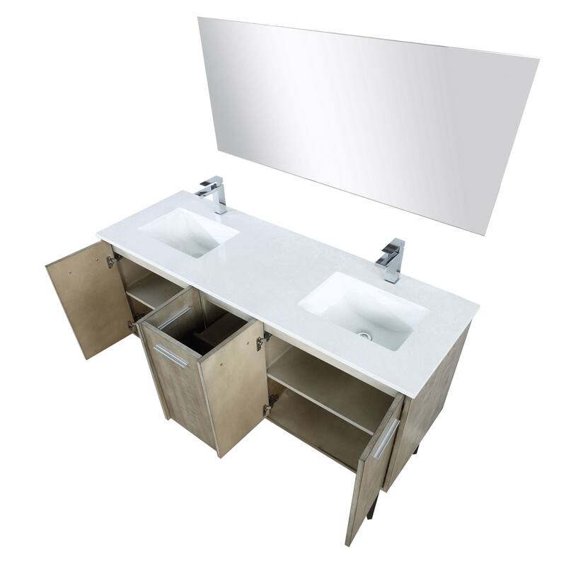 Lancy 60 in W x 20 in D Rustic Acacia Double Bath Vanity, White Quartz Top, Brushed Nickel Faucet Set and 55 in Mirror