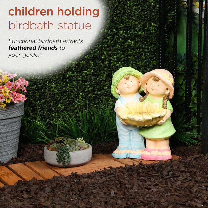 Boy and Girl Statue Holding Sunflower Birdbath