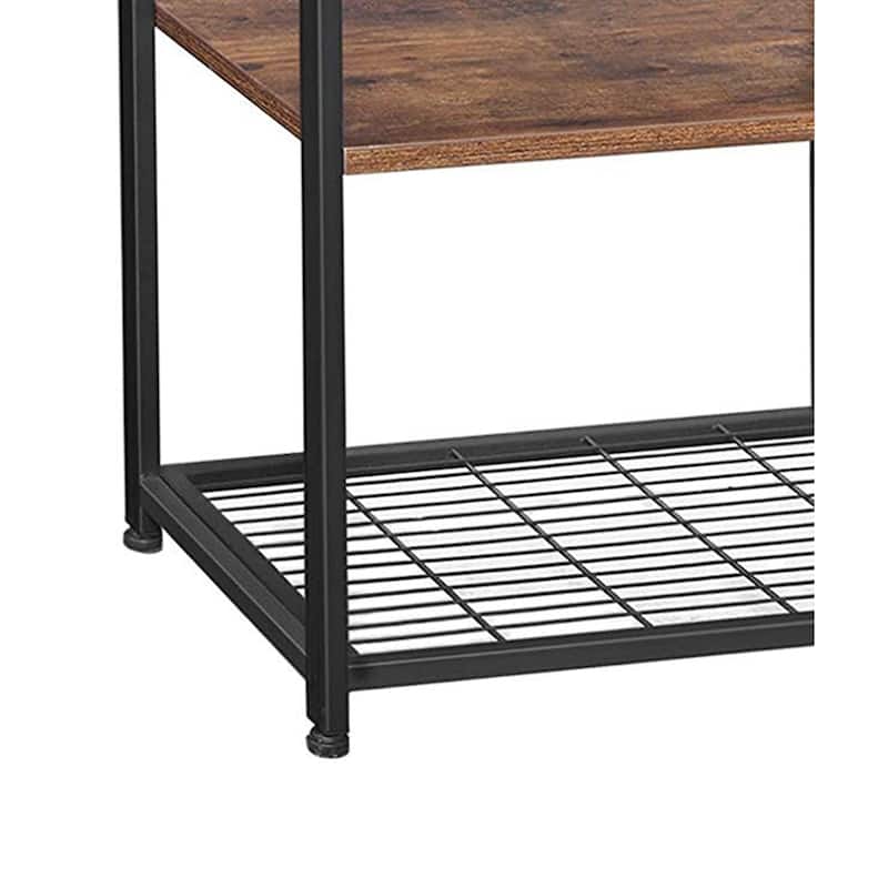 2 Mesh Basket and 6 Hooks Wood and Metal Frame Bakers Rack, Brown and Black - 37.4 H x 13.8 W x 31.5 L Inches