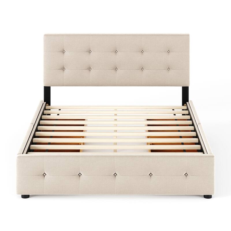 Upholstered Platform Bed with Classic Headboard and 4 Drawers, No Box Spring Needed, Linen Fabric, Queen Size