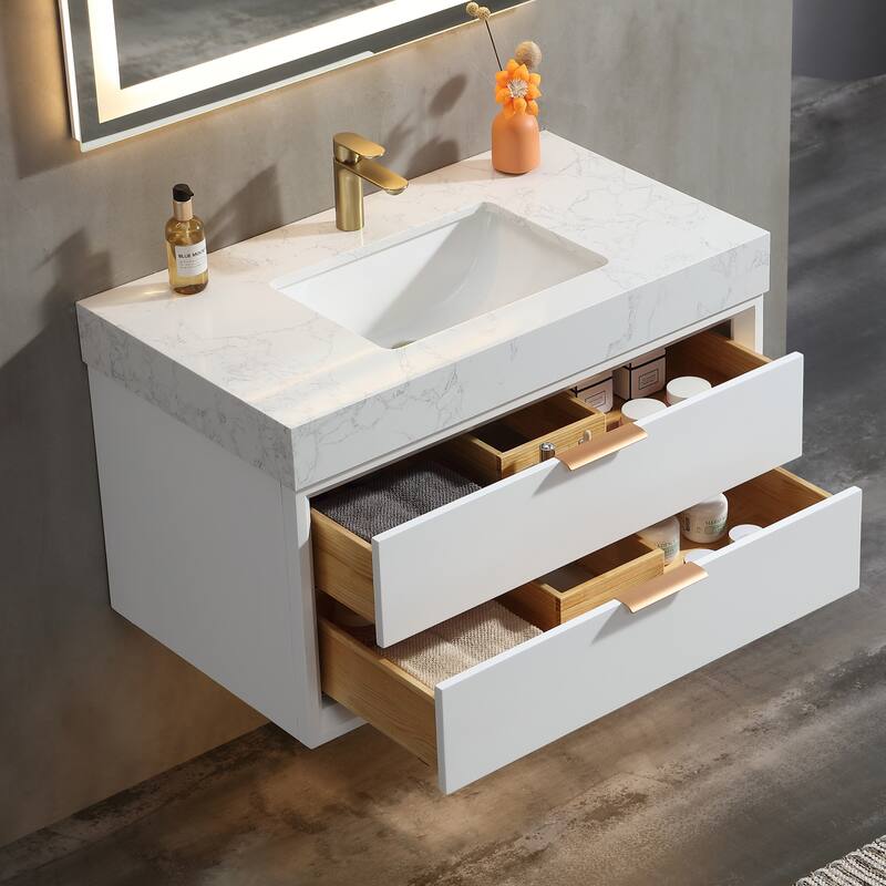 Modland 36" Wall-Mount Vanity with LED Light & 2 Soft-Close Drawers - Solid Oak, Black,White,Blue,Green - 36 inch