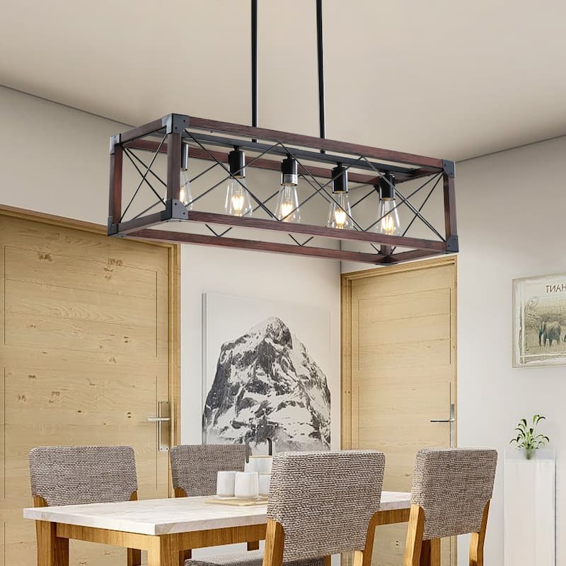 32" Red Wood Industrial Farmhouse Rectangle Pendant Light, 5-Light Chandelier for Dining Room, Kitchen Island (No Bulbs)