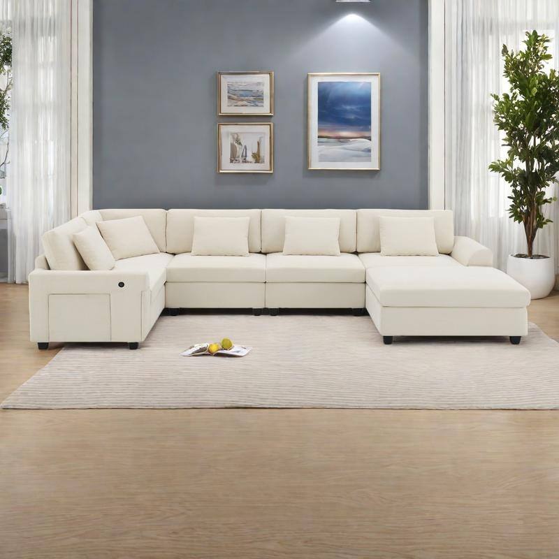 128" Chenille U-Shaped Sectional Sofa with Ottoman, 6-Seater Couch Set and Hidden Storage, USB Charging & Cup Holders - Off White