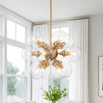 Mid-Century 12-Light Clear Glass Globe Round Bubble Chandelier 25.6in