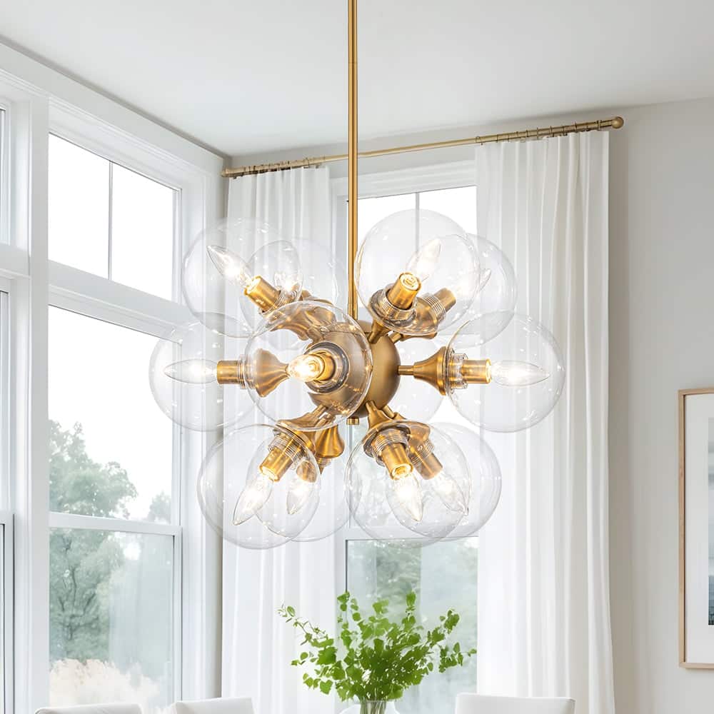 Mid-Century 12-Light Clear Glass Globe Round Bubble Chandelier 25.6in