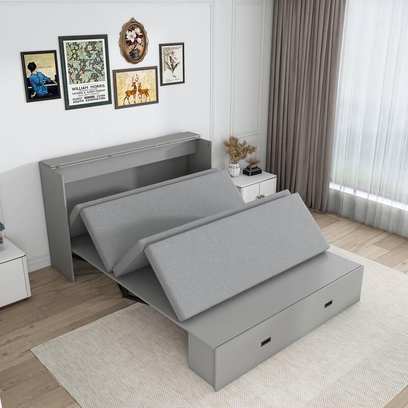 57" Murphy Bed with Storage Drawers & Charging Cabinet - Folding, Wheeled & Noise-Free for Guest Room, Living Room, Office