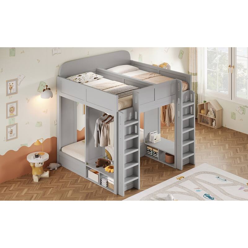 Roomfitters Triple Bunk Bed with Twin, Twin and Twin XL Beds, Storage Shelves and Hooks